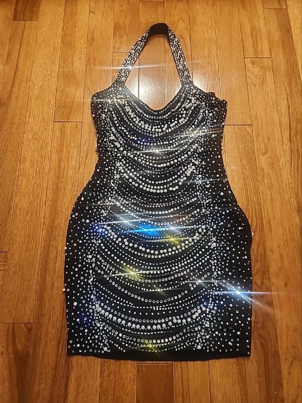 Black Rhinestone Pearl Embellished Halter Bodycon Mini Dress Size Large